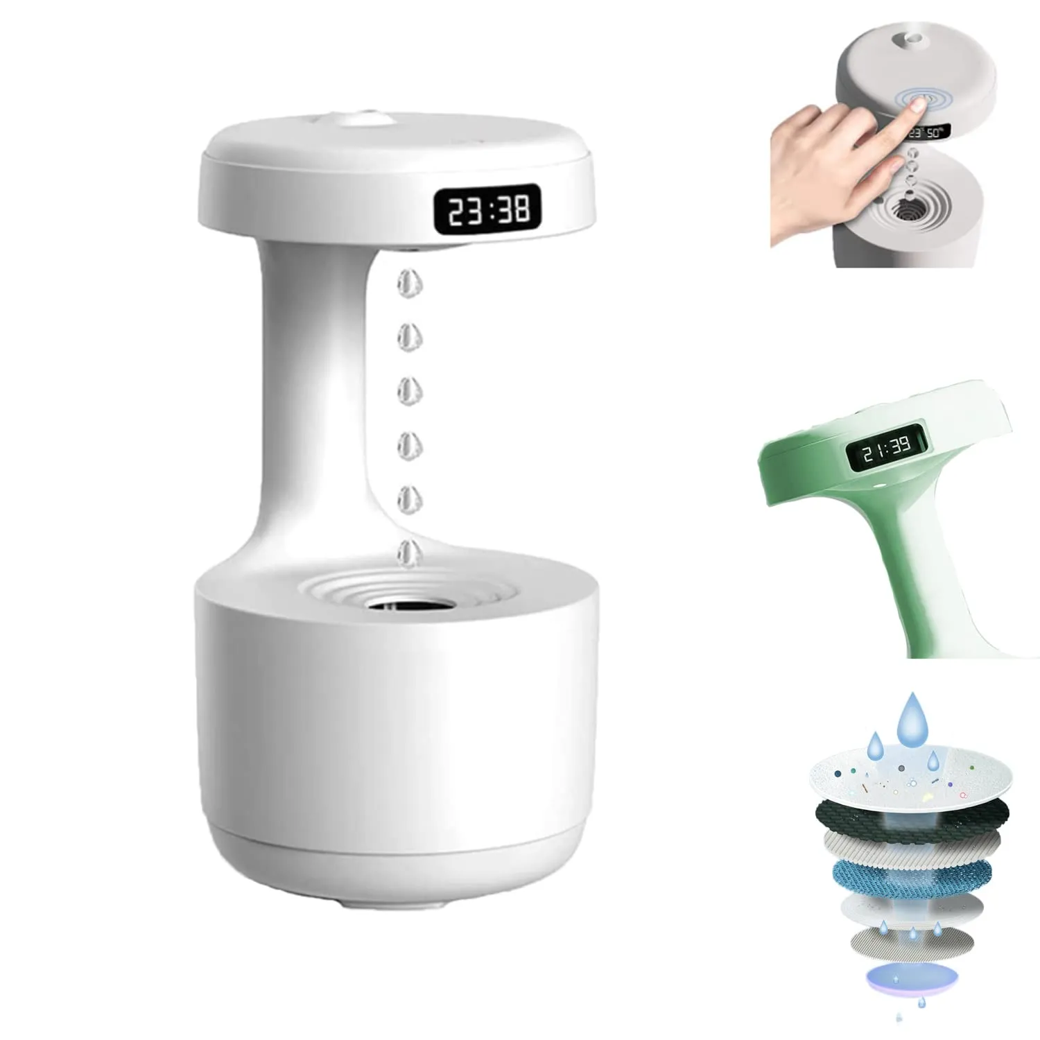 Anti-Gravity Humidifier With Clock Water Drop Backflow Aroma Diffuser, Anti Gravity Air Humidifier Aromatherapy Levitating Water Droplet,Ultrasonic Humidifiers Bedroom (White)